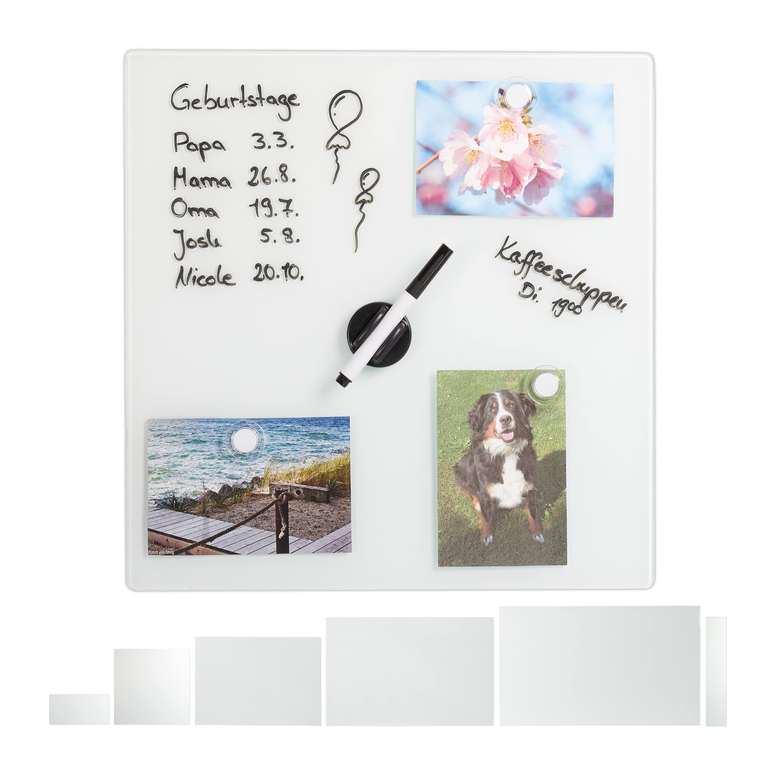 Relaxdays Glass Magnetic Dry Erase Memo Board, 40 x 40 cm, Writable, 3 Magnets, Safety Glass, White