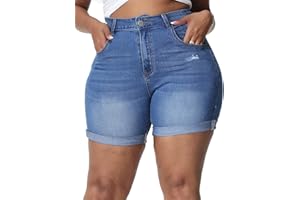 ALLEGRACE Plus Size Denim Shorts Women High Waisted Ripped Folded Hem Jean Shorts