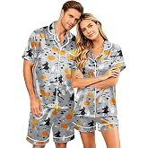 Couples Matching Pajamas Halloween Pajamas Cute Print Short Sleepwear Set | Luxury Silky Satin Fabric, Classic Cute Halloween Pattern, Matching Couple Style, Ideal for Halloween Party and Home Rest