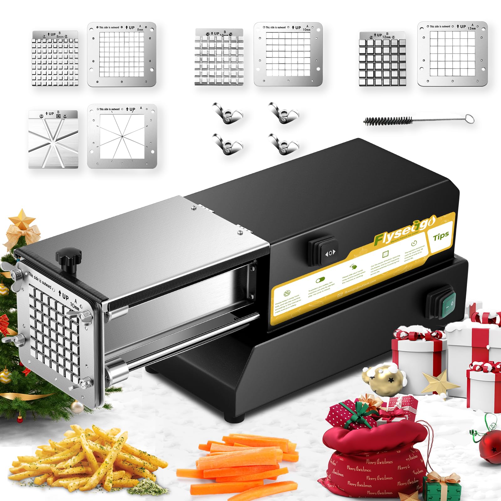 Photo 1 of Flyseago French Fry Cutter Electric Potato Cutter Stainless Steel Professional With 4 Blades For Commercial, Home Use & Cucumbers, Carrots, Sweet Potatoes, Black