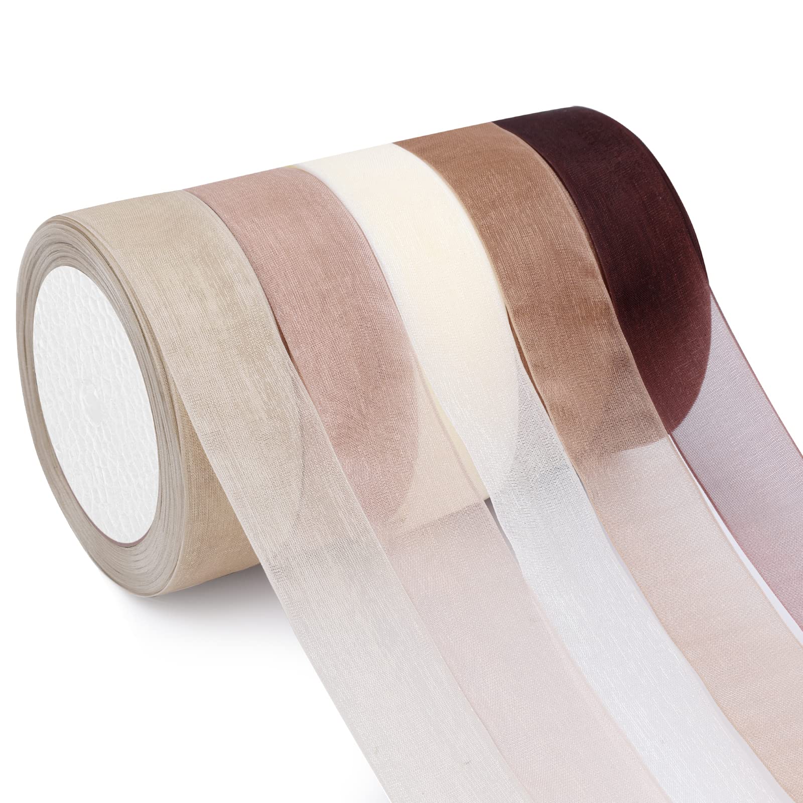 Egofine 5 Rolls Sheer Chiffon Ribbon, Organza Ribbon Transparent for Making Bows, Bouquet, Gift Wrapping,Wedding (1 Inch, 25 Yard Each Roll, Ombre Colors,Earth Tone)
