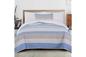 Great Bay Home 2-Piece Twin/Twin XL Reversible Lightweight Quilt Comforter with 1 Sham | All-Season, Modern, Striped Bedspreads | Blue and Taupe Striped Coverlet Sets | Bryce Quilts Collection