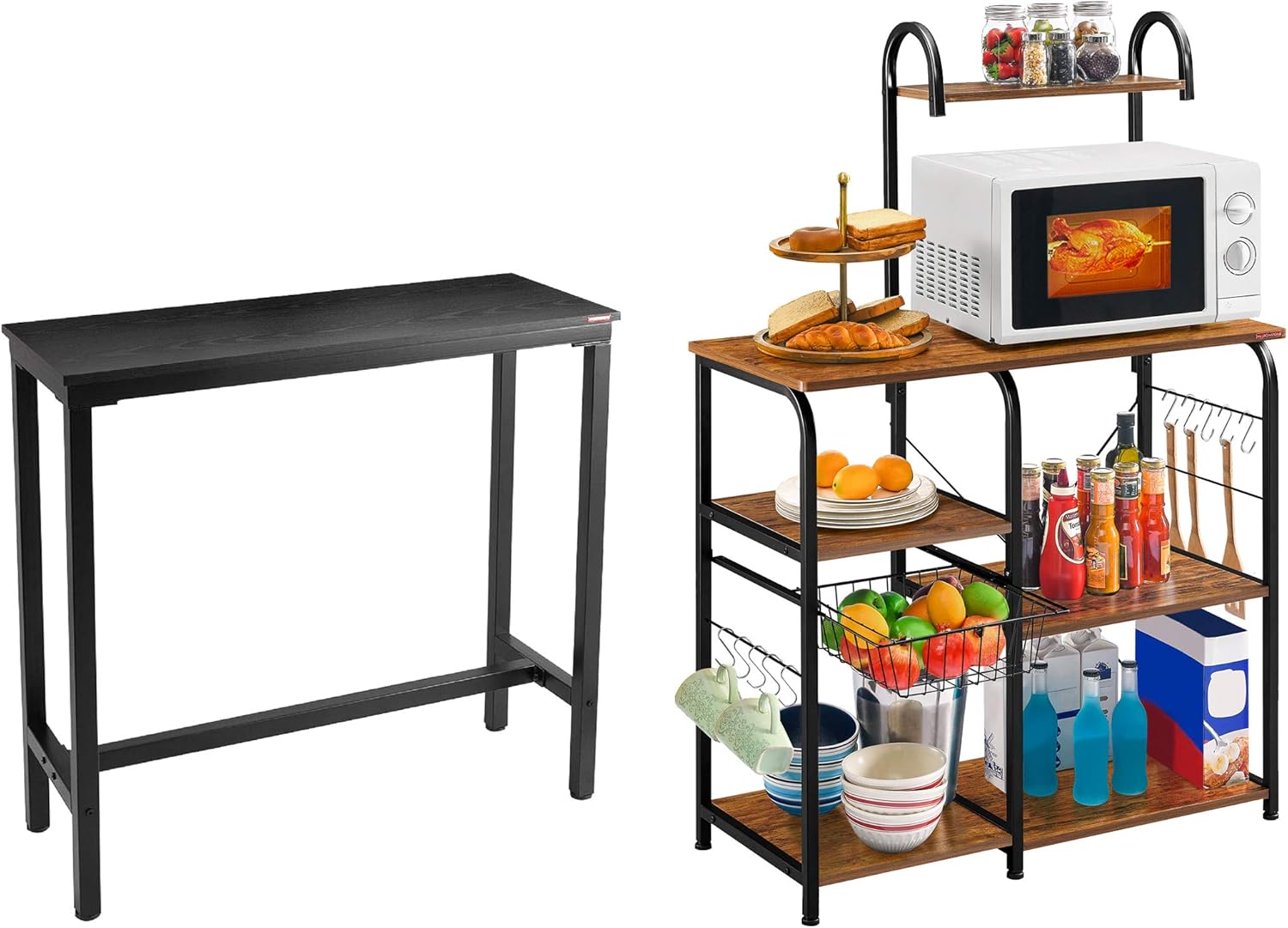 Mr IRONSTONE Vintage Kitchen Baker's Rack Utility Storage Shelf 35.5" Microwave Stand 3-Tier+4-Tier Shelf & 39.4” Bar Table Pub Dining Height Table Black Bistro Table (Indoor USE ONLY) - Standing Baker's Racks