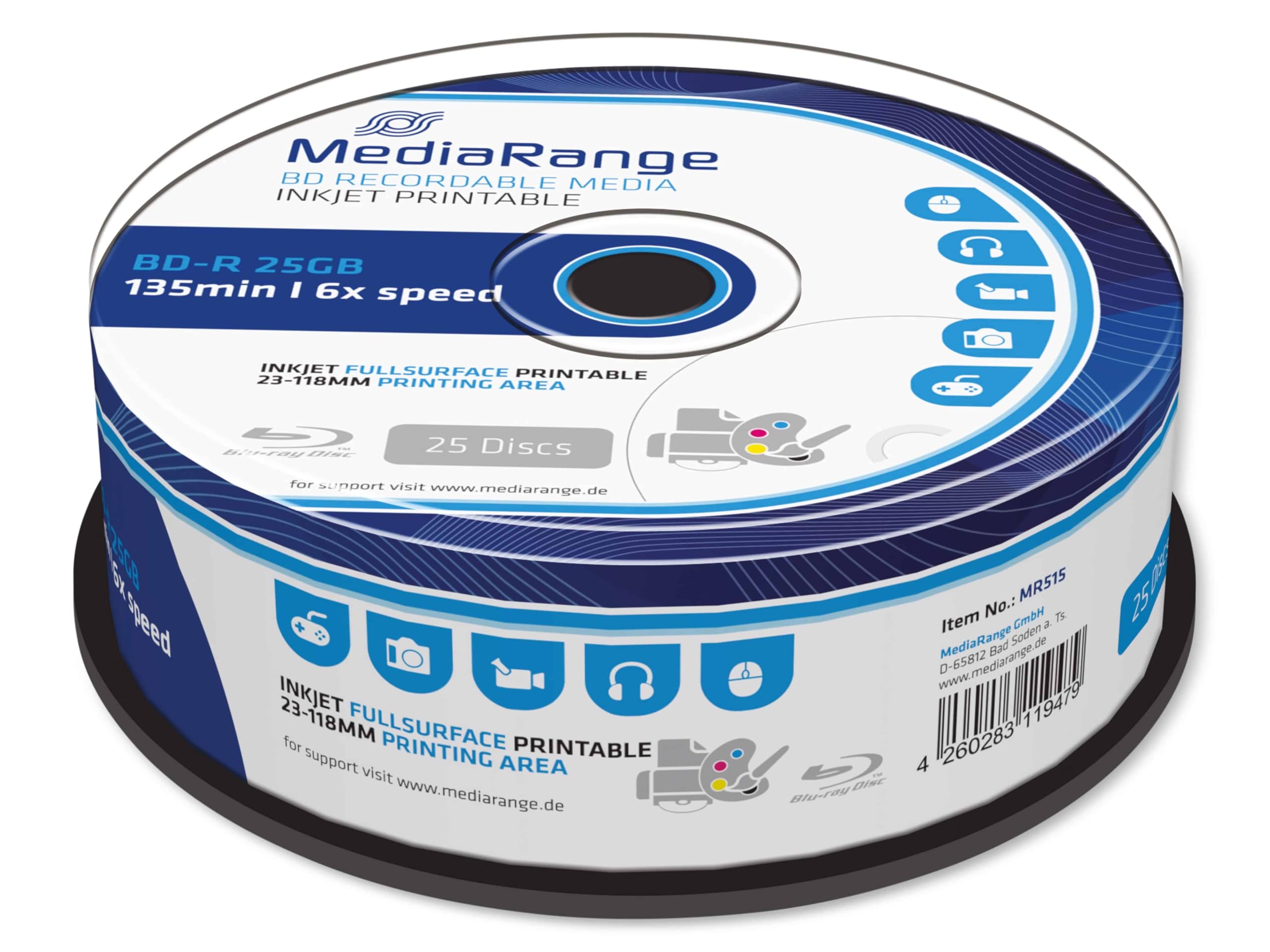 MediaRange BD-R 25GB 6x Write Speed, Full Surface Printable, Cake Box of 25