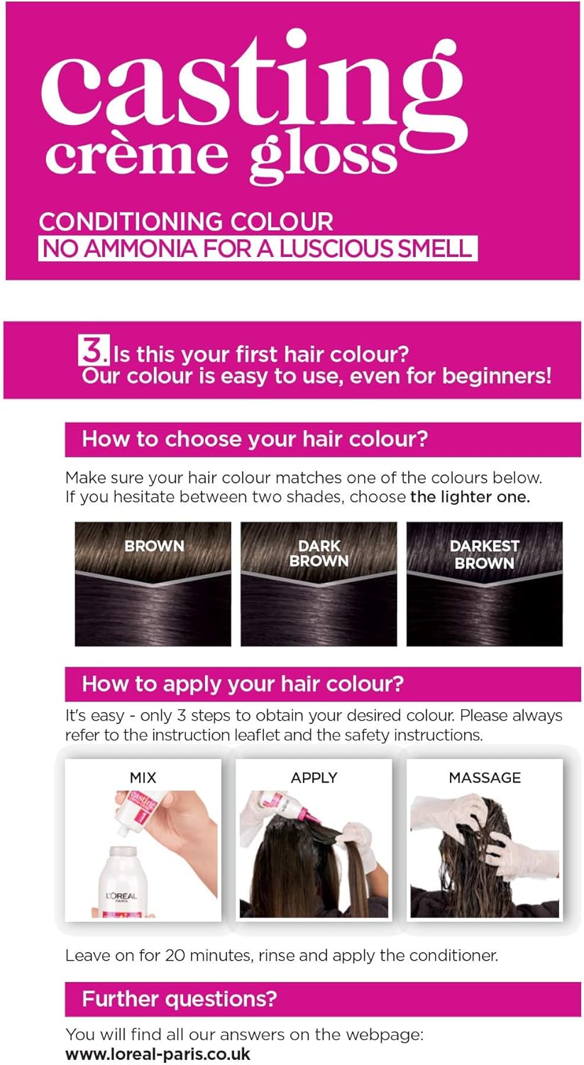 L'Oréal Paris Casting Crème Gloss Semi-Permanent Hair Dye, Ammonia-Free Formula & Honey-Infused Conditioner, Glossy Finish, Colour for Up to 28 Shampoos, Pack of 3, Colour: 3102 Cool Dark Brown - Image 3