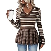 Furnex Women's Pullover Sweaters 2025 V Neck Casual Long Sleeve Fashion Peplum Tops