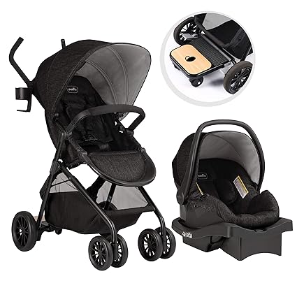 Evenflo Sibby Travel System Stroller Car Seat Ride Along Board Oversized Storage Basket 3 Panel Canopy Multiple Position Recline Easy To Fold #travel #systems #for #newborns