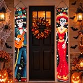PARTY TELLER Lighted Halloween Porch Sign Banners,Dia De Los Muertos Decor | Fabric Hanging Decoration with Grommets and Ribbons for Doors, Walls, Windows, Parties and Indoor or Outdoor Displays