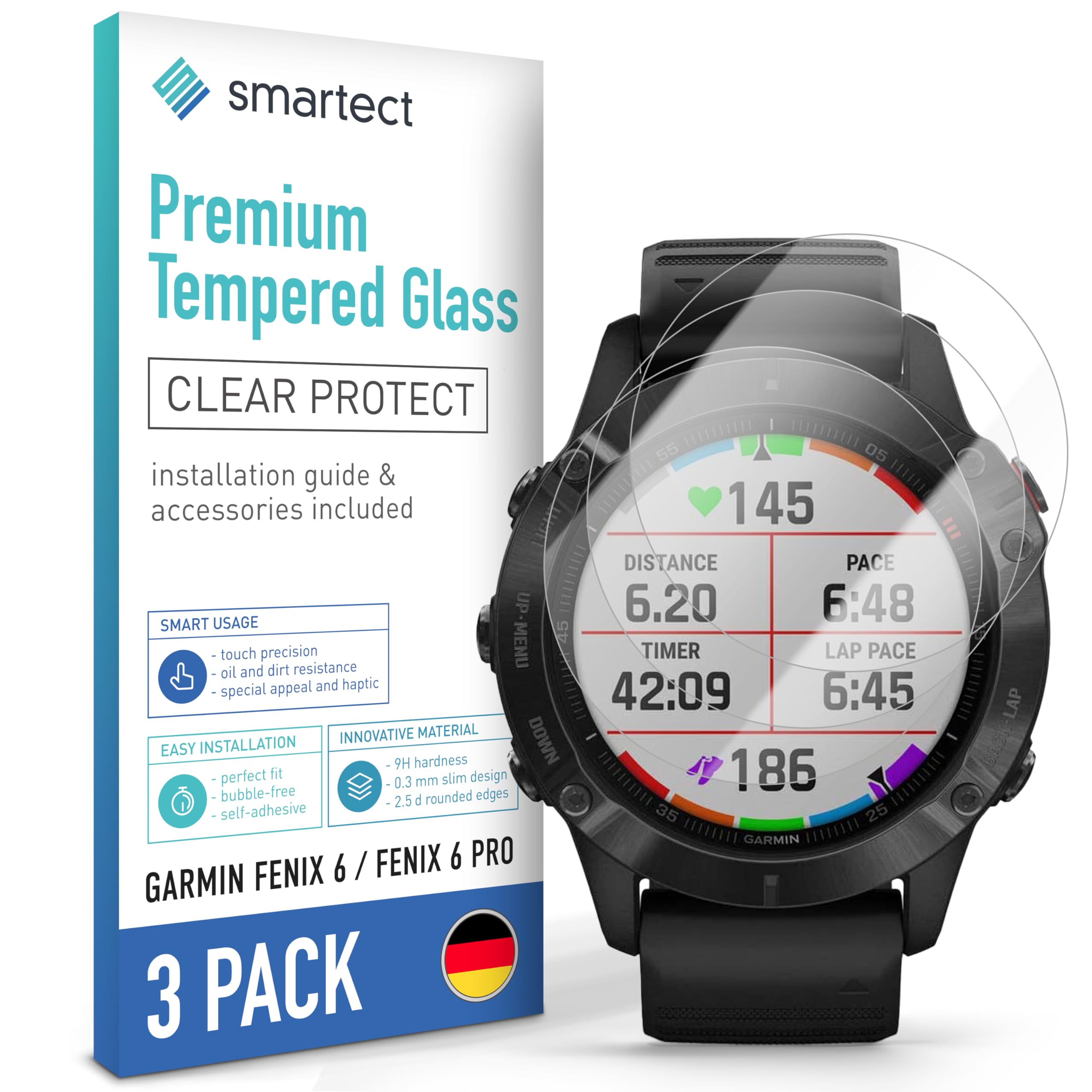 smartect Glass Screen Protector [3 Pieces, Ultra-Clear] for Garmin Fenix 6 / Fenix 6 Pro (NOT 6s, 6s PRO, 6X PRO), HD Protective Film Anti Scratch, Bubble Free, 9H Hardness, Ultra Resistant