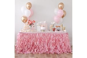 Bluekate Coral Pink Table Skirt 6ft. Double Organza, Two Trims Party Tutu Table Skirt! Quinceanera, Princess Party Decorations, Baby Girl Birthday Décor, Table Skirts for Rectangle Tables 6ft