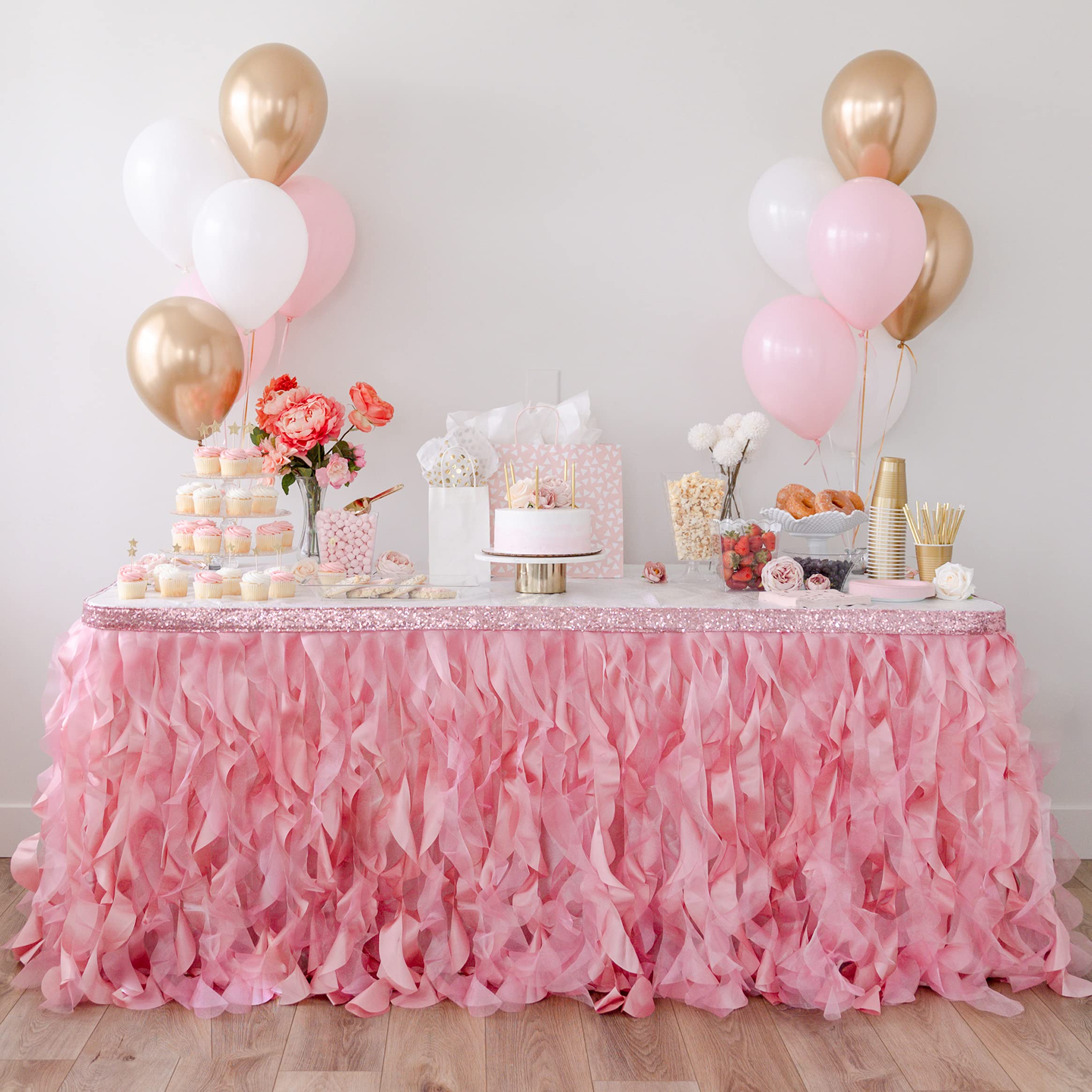 Photo 1 of Bluekate Coral Pink Table Skirt 9ft. Double Organza, Two Trims Party Tutu Table Skirt! Quinceanera, Princess Party Decorations, Baby Girl Birthday Décor, Table Skirts for Rectangle Tables 9ft