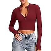 VEQKING Women Long Sleeve Workout Crop Tops Half Zip Pullover Sweatshirt Ribbed Tight Fitted Athletic Shirts with Thumbholes