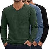 Neer 3 Pack Men's Big and Tall Waffle Thermal Long Sleeve Shirts V Neck Tops Casual Pullover Knit Undershirt with Pockets