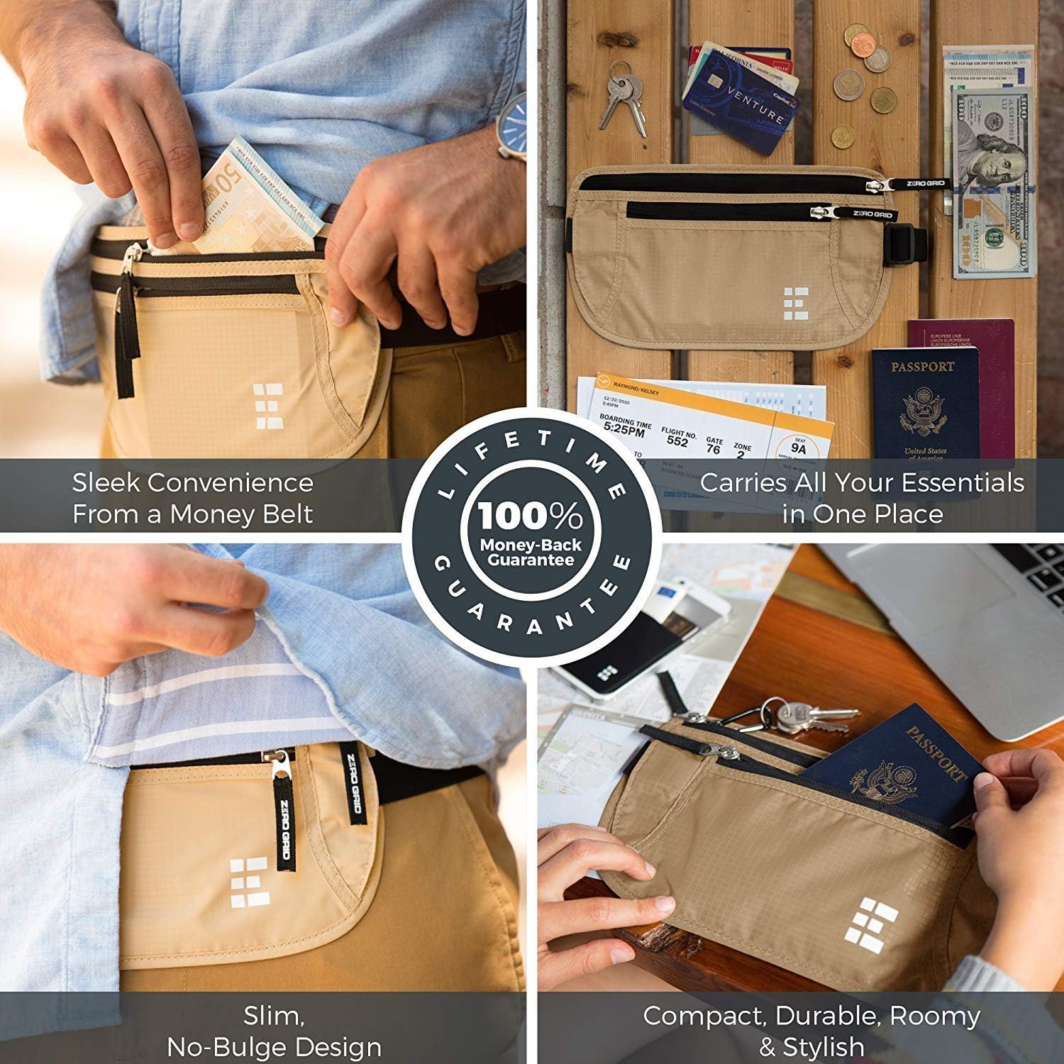 Zero Grid Money Belt w/RFID Blocking - Concealed Travel Wallet & Passport Holder: Clothing