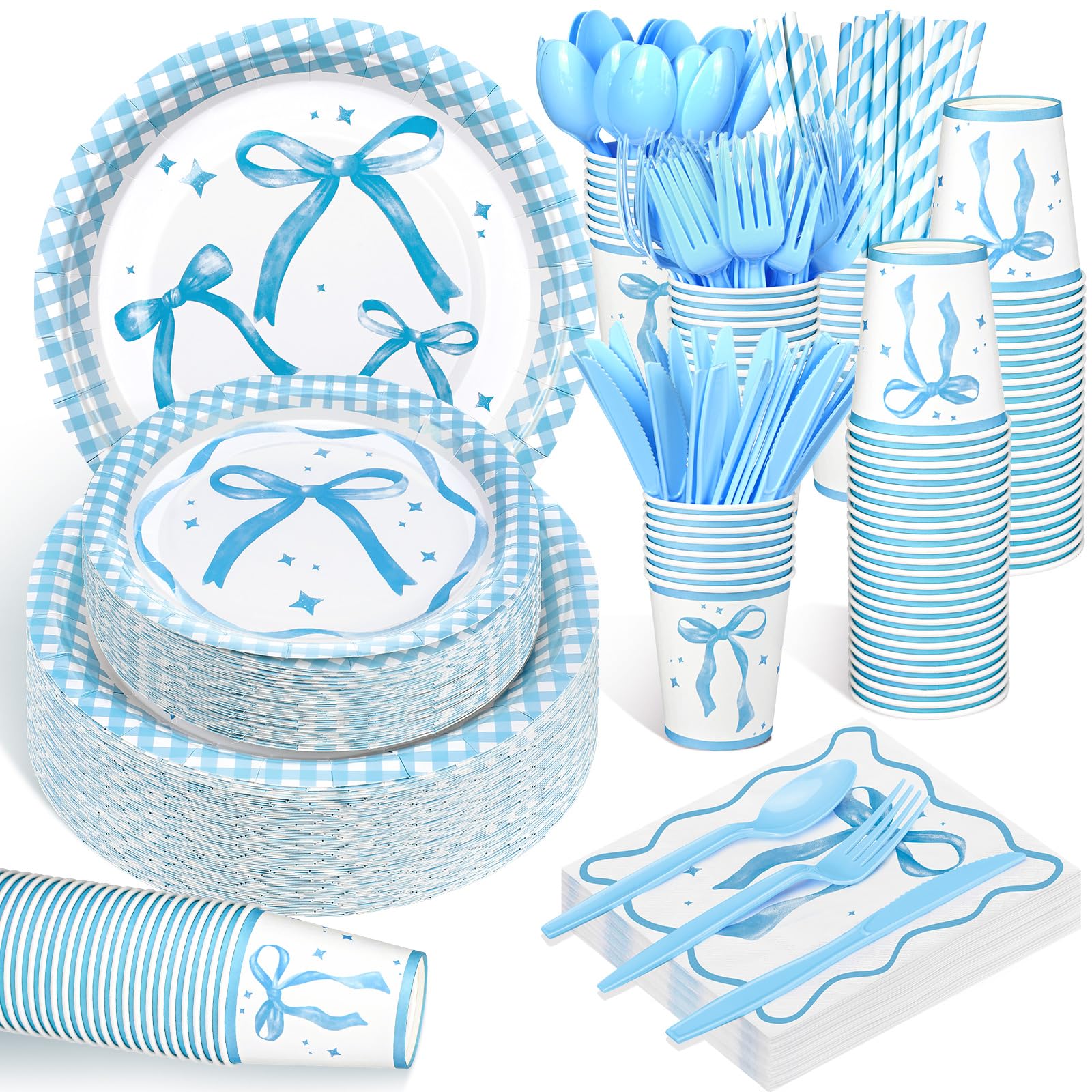 Photo 1 of Zhehao 200 Pcs Blue Bow Party Plates and Napkins Cups Tableware Sets for Coquette Birthday Decoration Valentine Party Decor Severs 25 Blue Bow Plates Cups Forks Spoons Knives Straws Napkins Dinnerware