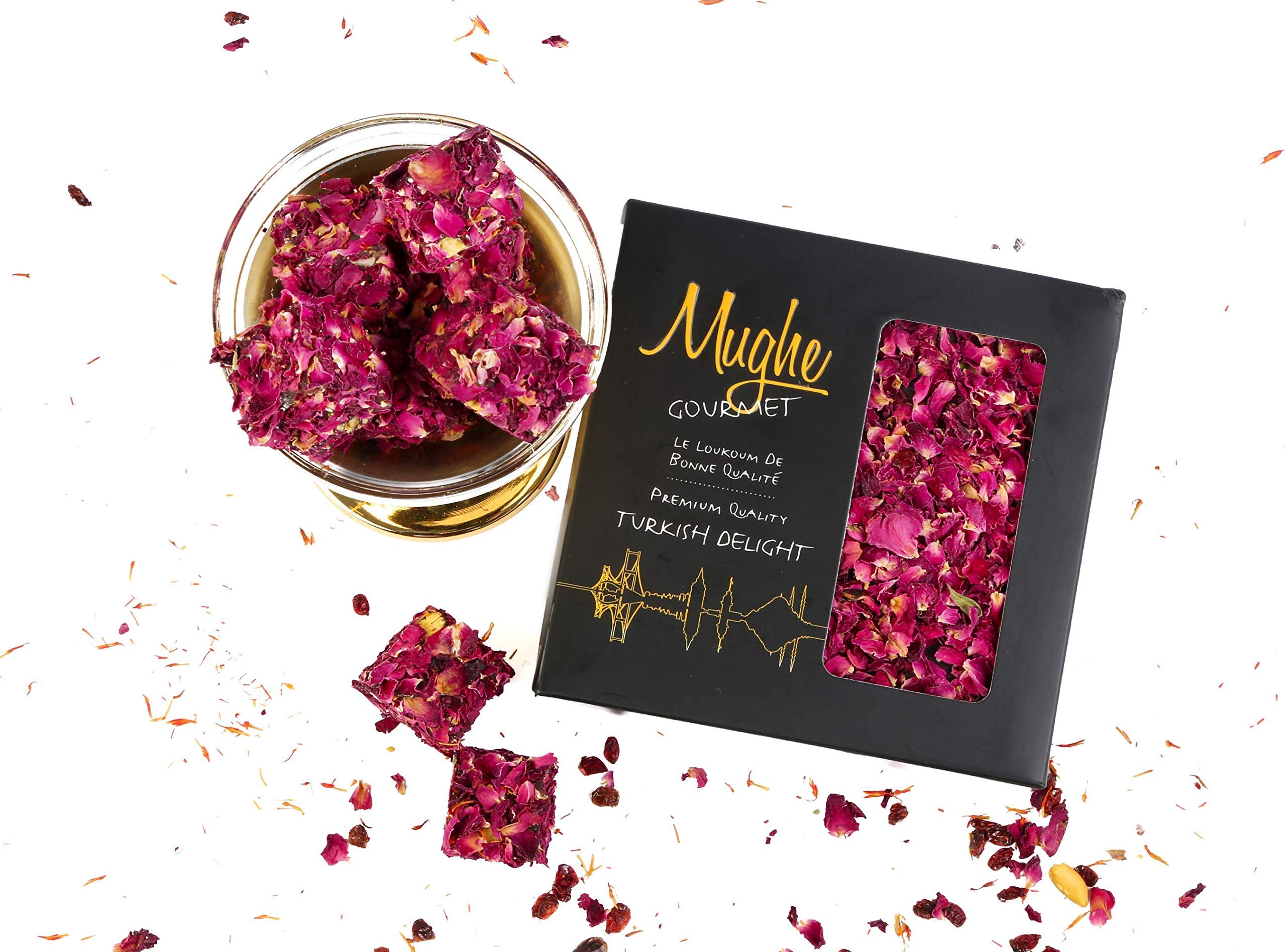 Mughe Gourmet Premium Turkish Delight Gift Box 360g/13oz, Pistachio with Edible Rose Petal Pomegranate Flavored Luxury Lokum Candy, Perfect for Fathers Day, Birthday