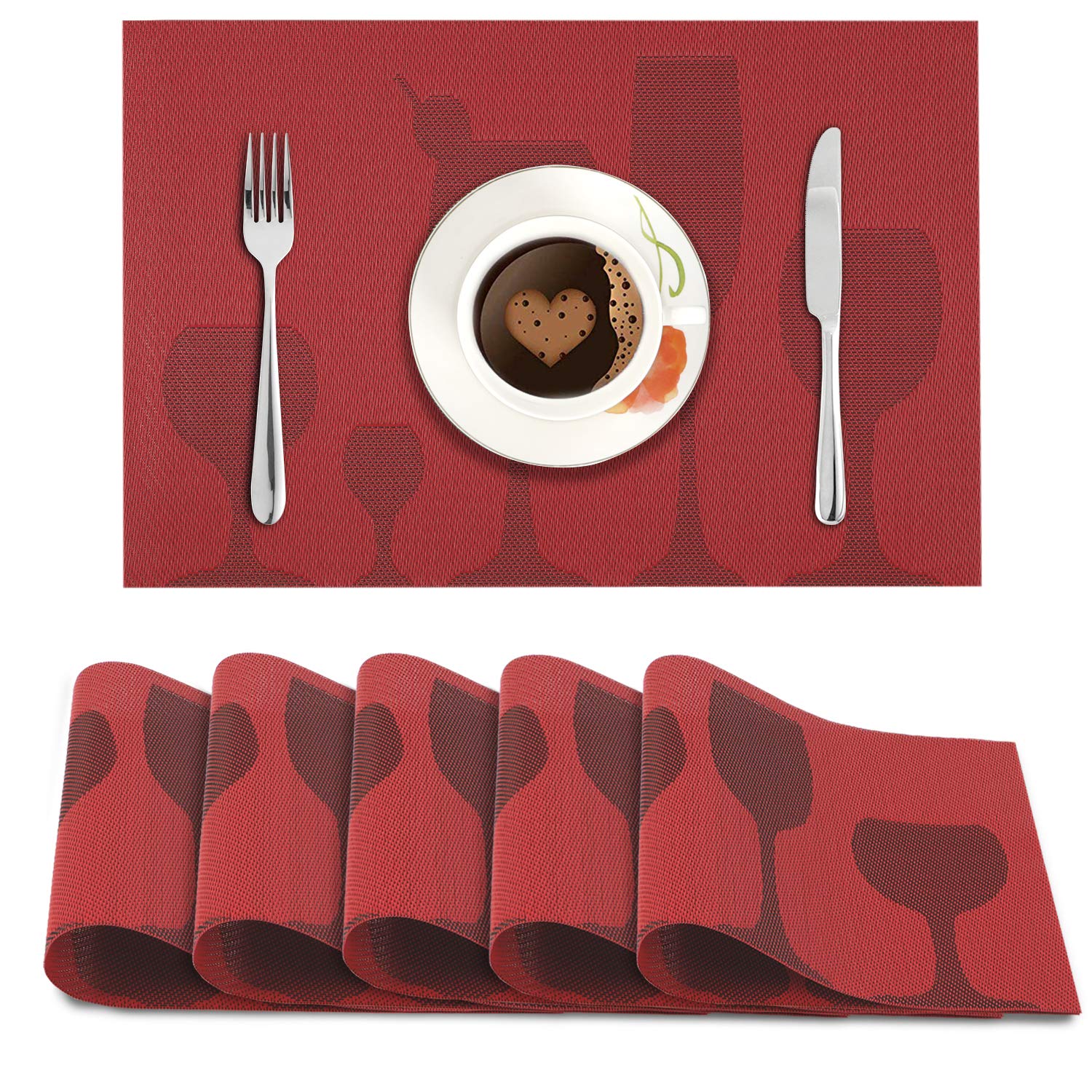 Buy HOKIPO® PVC Reversible Vinyl Table Mats, Set of 6 Pieces Placemats 45x30 cm, Red Wine