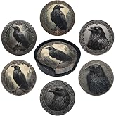 sunwarshile Raven Coasters for Drinks with Holder Round Leather Coasters Set of 6 Cups Mugs Mat Pad for Home Kitchen Bar