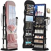 Vlsrka 360° Swivel Jewelry Aromire with Wavy Mirror, Lockable Jewelry Organizer Mirror Full Length, Rotatable Standing Mirror with Storage, Jewelry Cabinet, Interior Mirror, Flodable Shef, Black