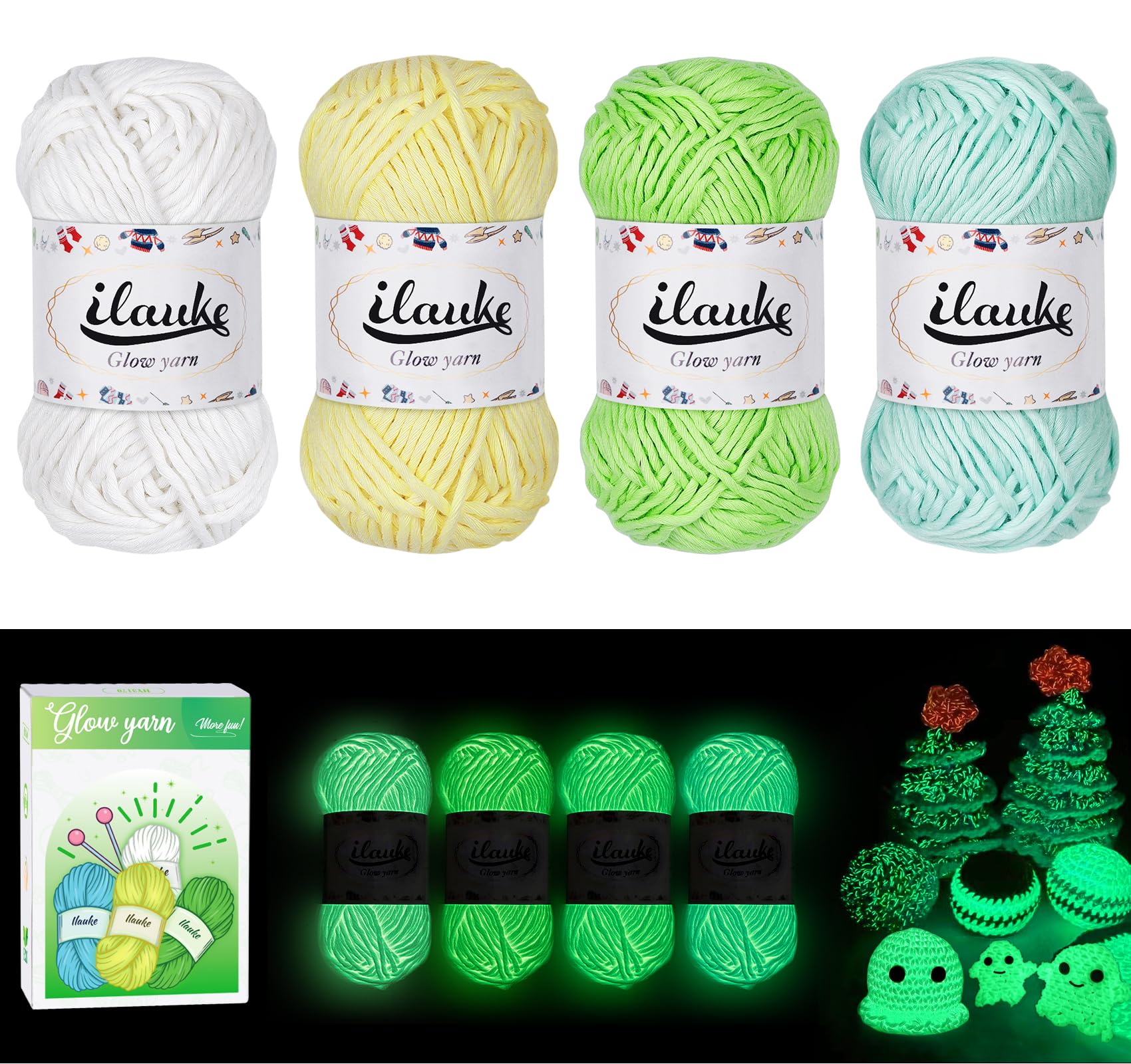 ilauke Glow in The Dark Yarn 4x50g, Crochet Yarn, Luminous Yarn, Polyester Knitting Yarn for Crocheting, Glow Yarn for Halloween Christmas Handcraft DIY Projects Blankets Clothes