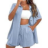 APAFES Women Summer Cotton Linen Short Sets 2 Piece Shorts Top Lounge Beach Vacation Two Piece Outfits Tracksuits(Blue-Lage)
