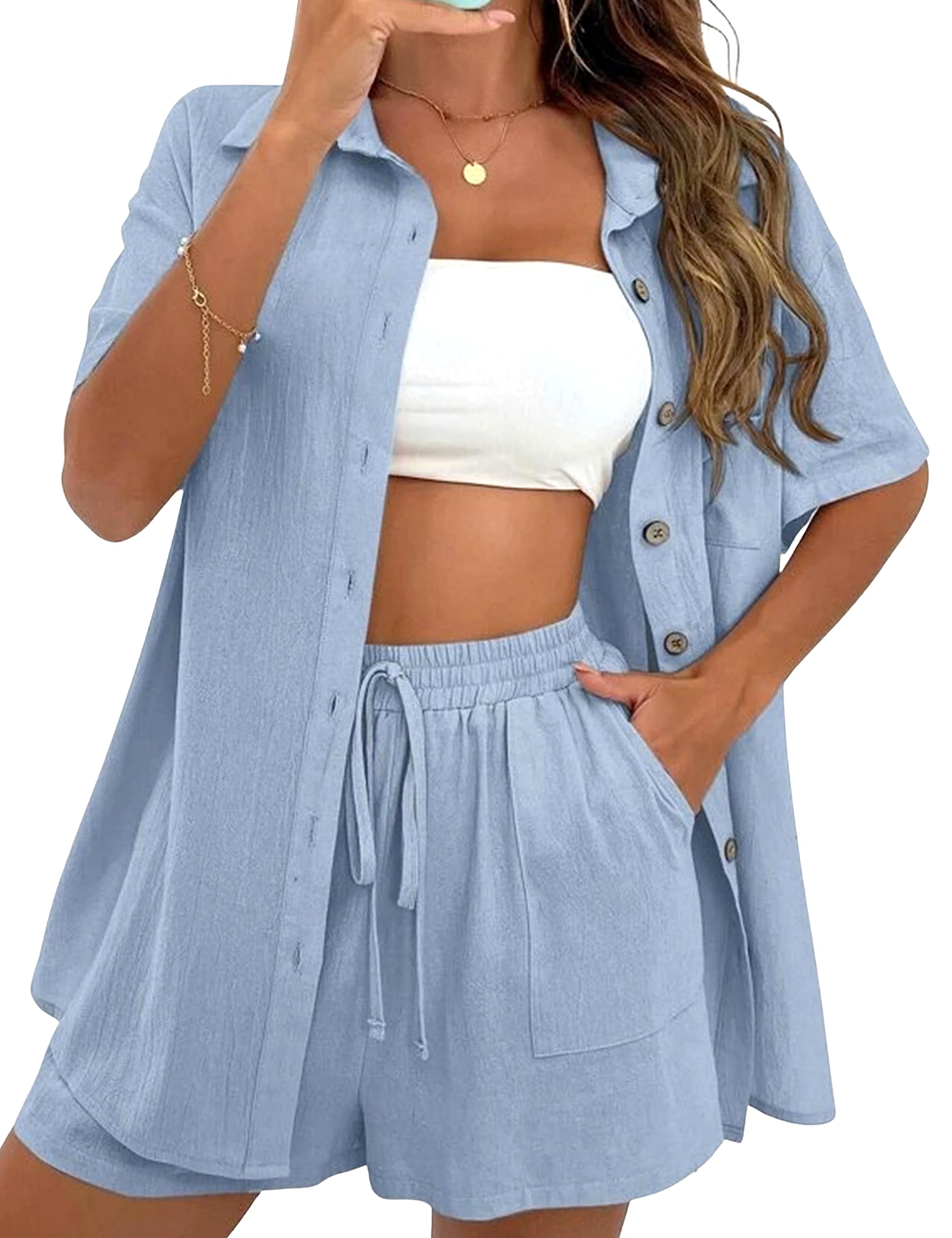 Photo 1 of APAFES Women Summer Cotton Linen Short Sets 2 Piece Shorts Top Lounge Beach Vacation Two Piece Outfits Tracksuits(Blue-M)