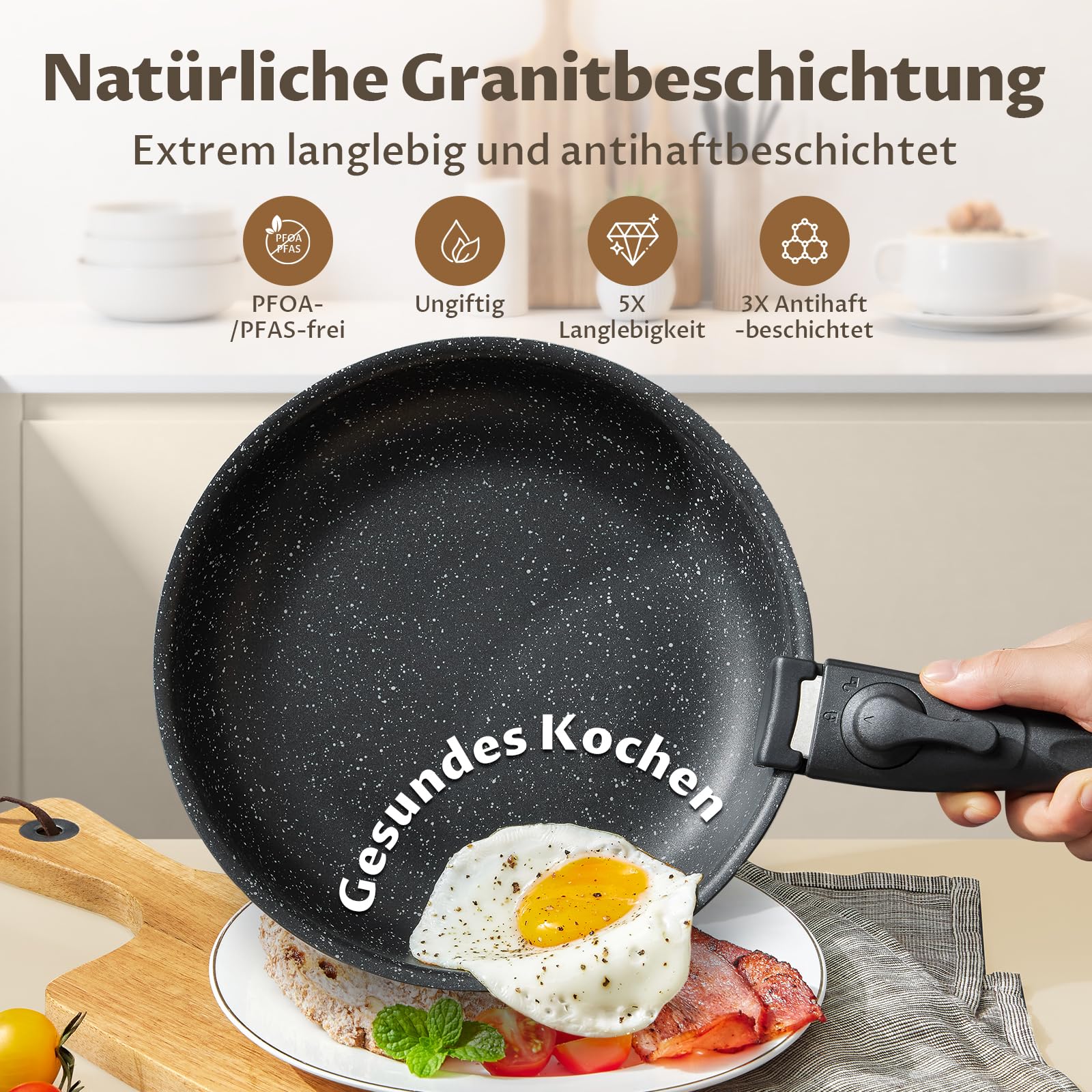 Fadware Pfannenset Induktion, Antihaftbeschichtete Bratpfanne 20, 24, 28 cm mit Abnehmbarem Griff für Kleine Küchen & Wohnmobile, Pfannen Set Stapelbar Platzsparend, für Alle Herdarten, Backofenfest 3