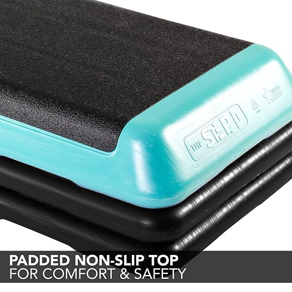 THE STEP (MADE IN USA) ORIGINAL AEROBIC PLATFORM – HEALTH CLUB SIZE – WITH FOUR ORIGINAL RISERS (TEAL PLATFORM WITH BLACK RISERS), ONE SIZE