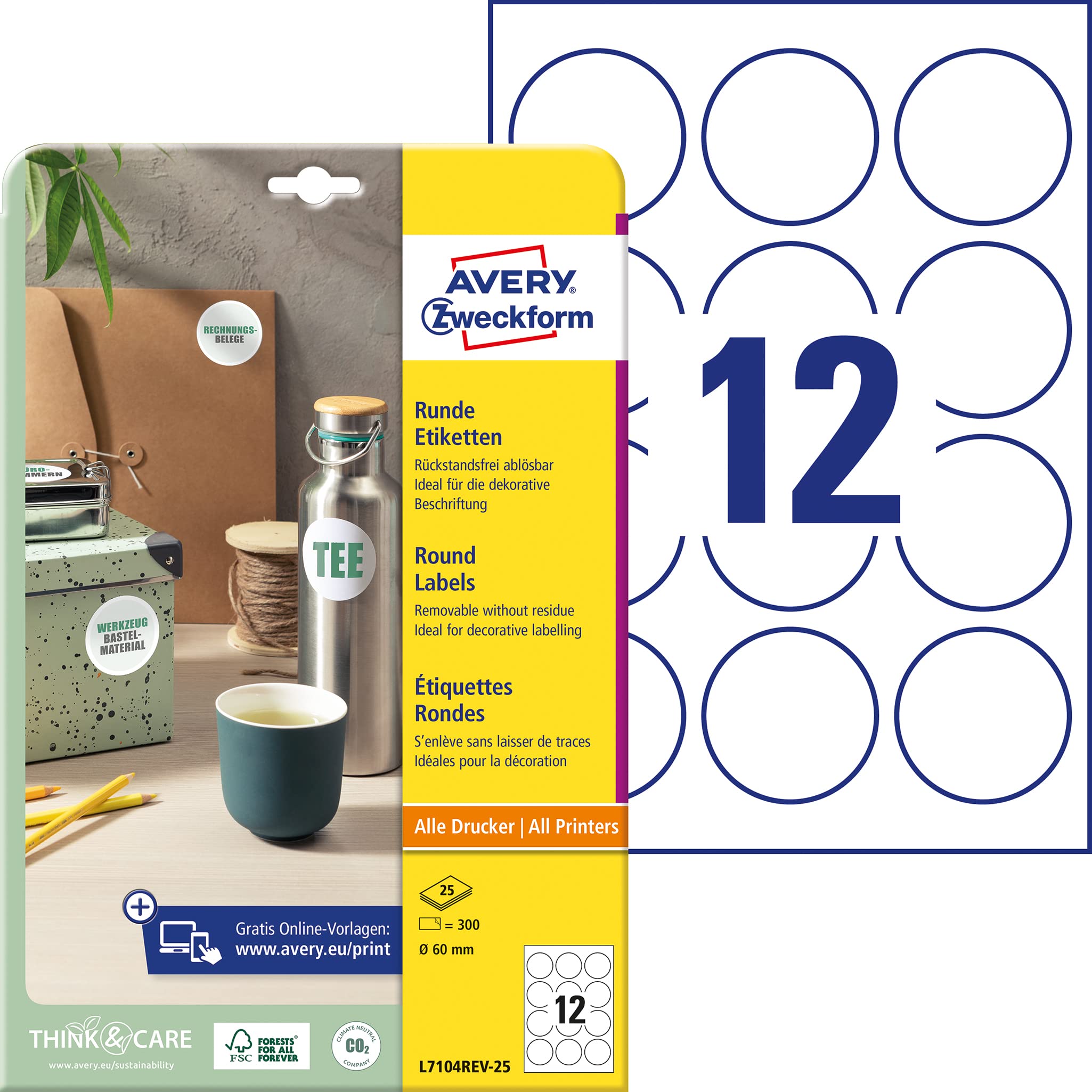 Avery Zweckform L7104REV-25 Pack of 300 Labels, Circular, Removable, Diameter 60 mm, 25x A4 Sheets White