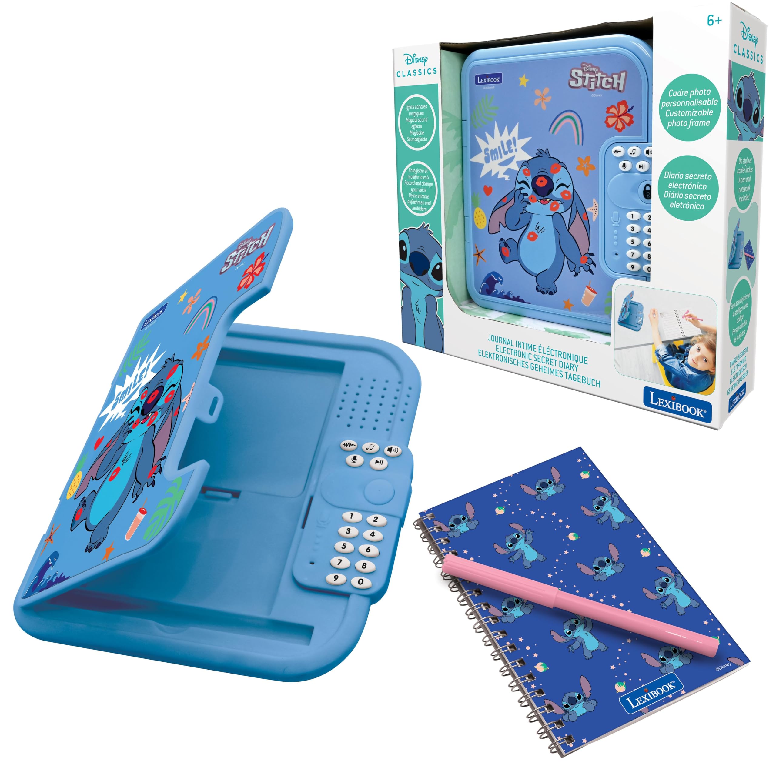 LEXIBOOK, Disney Stitch: Electronic diary with pen and notebook included, interactive, password protected, fun functions, sound effects, Blue, SD50D