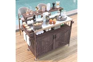 Merax 53.3" Outdoor Kitchen Island with Raised Shelf, Solid Wood Storage Cabinet with Stainless Steel Top, Outdoor Rolling Gr
