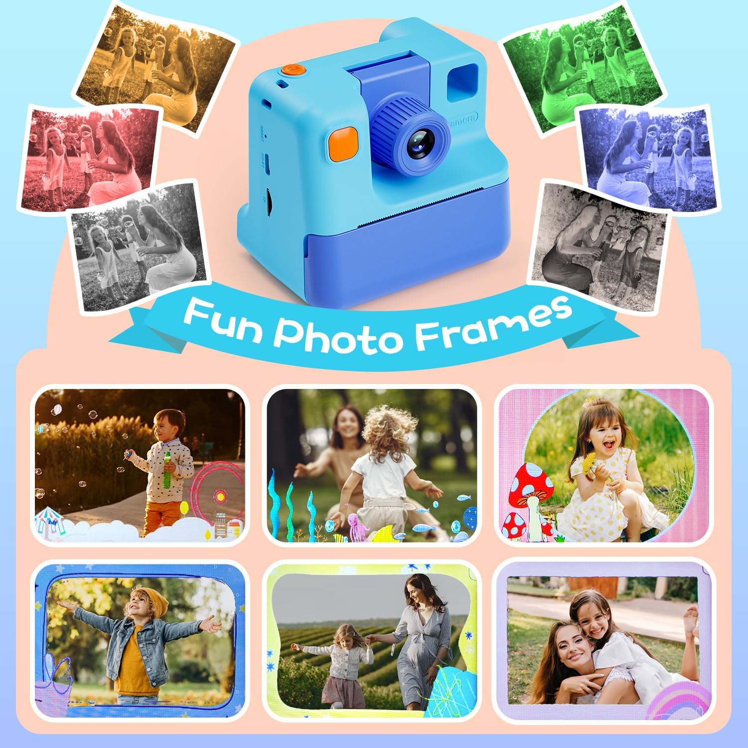 Kids Camera Instant Print, Christmas Birthday Gifts for Girl Boys 3-12 Years Old, FHD Selfie Digital Video Cameras Toddler 3 Rolls Print Paper & 32G Card (Blue)
