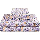 Mooreeke Floral Queen Bed Sheets, Soft Microfiber Printed Bedding Sheets & Pillowcases, Deep Pocket Non-Slip Vintage Queen Sheet, Purple Yellow Flower Pattern Bedsheets