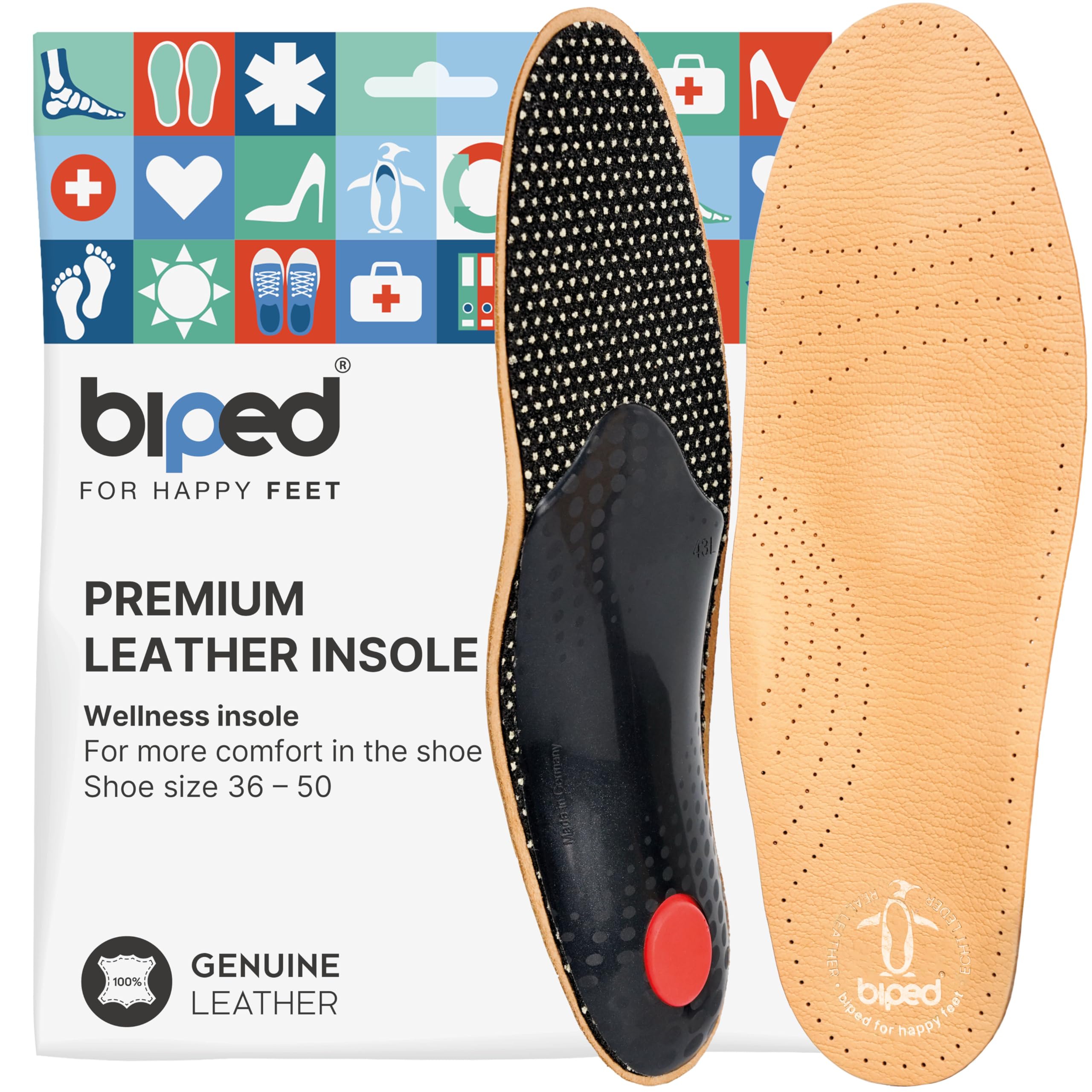 biped Premium Orthopaedic Insoles in Genuine Leather – Arch Support with Metatarsal Pad and Heel Cushion – Comfort Insoles for Foot Pain Relief z1706(6.5)