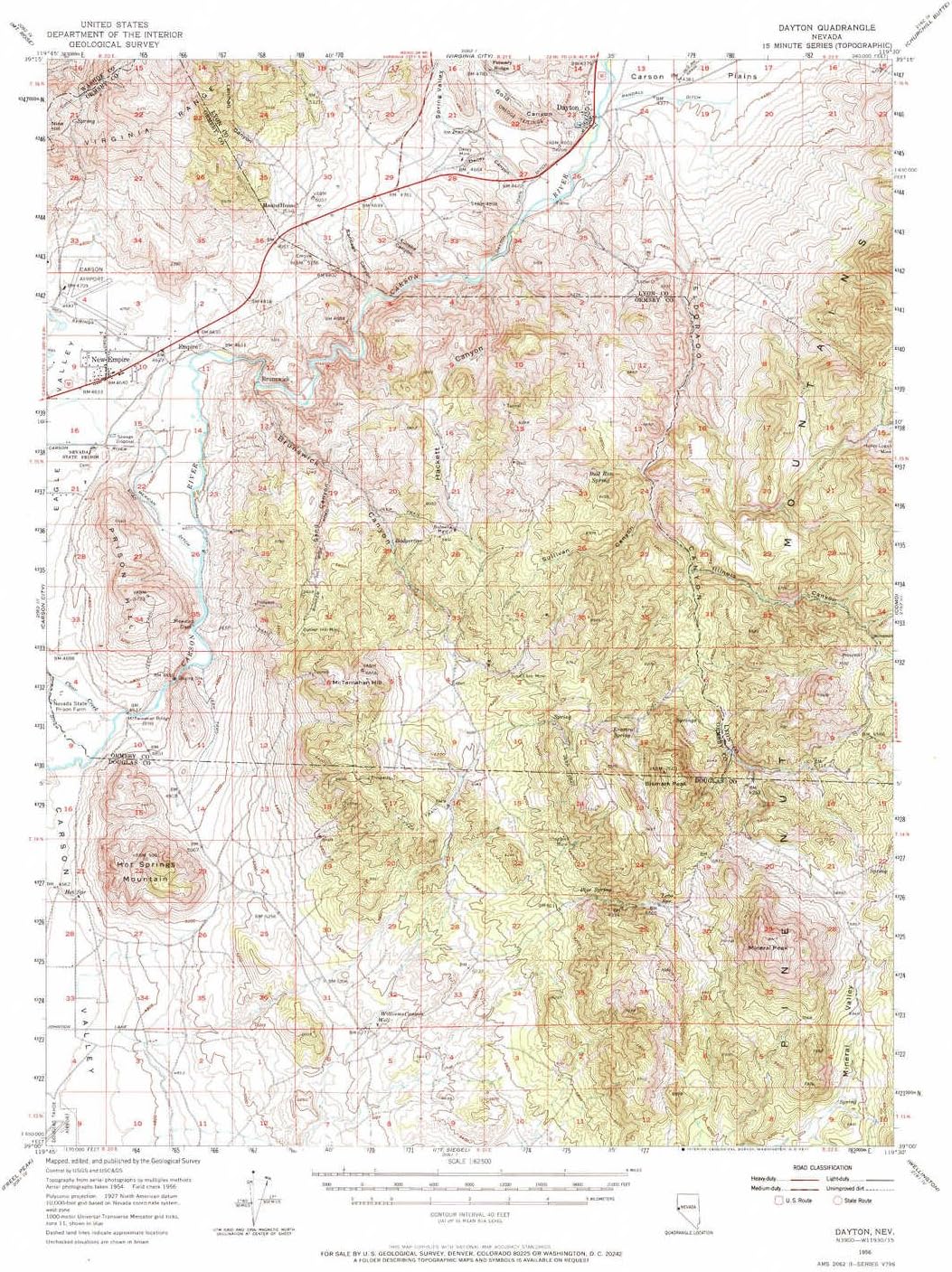 YellowMaps Dayton NV topo map, 1:62500 Scale, 15 X 15 Minute, Historical, 1956, Updated 1971, 21.8 x 17.9 in