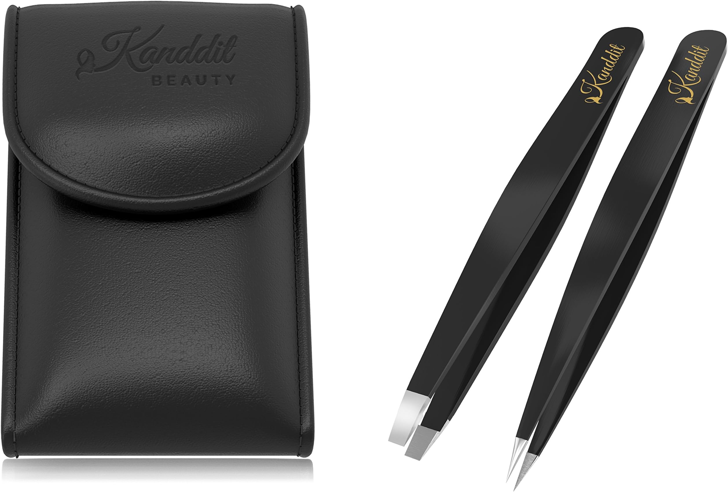 Kanddit Professional Beauty Eyebrow Tweezers Set Slanted Tip + Point With Gift Box And Tip Protector (Black)