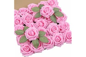DuHouse 25Pcs Artificial Roses Flowers Fake Roses with Stems Real Touch Foam Flowers for DIY Wedding Bouquet Baby Shower Centerpiece Floral Arrangement Party Home Decor(Pink)