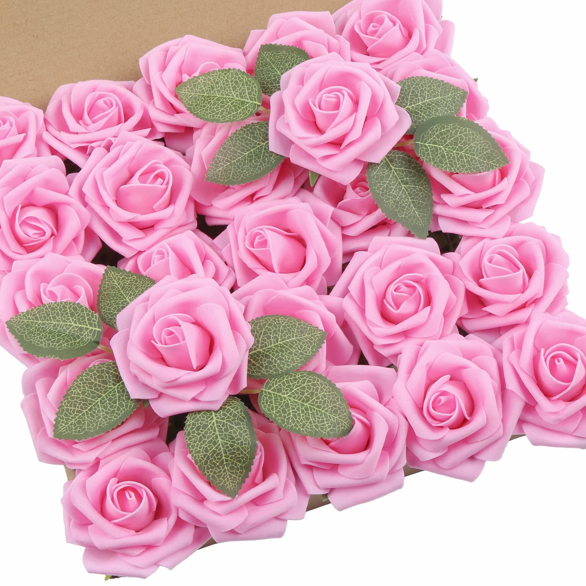 DuHouse 25Pcs Artificial Roses Flowers Fake Rose with Stems Real Touch Foam Flower Head for DIY Wedding Bridal Bouquet Baby Shower Centerpiece Floral Arrangement Party Home Decor(Pink)