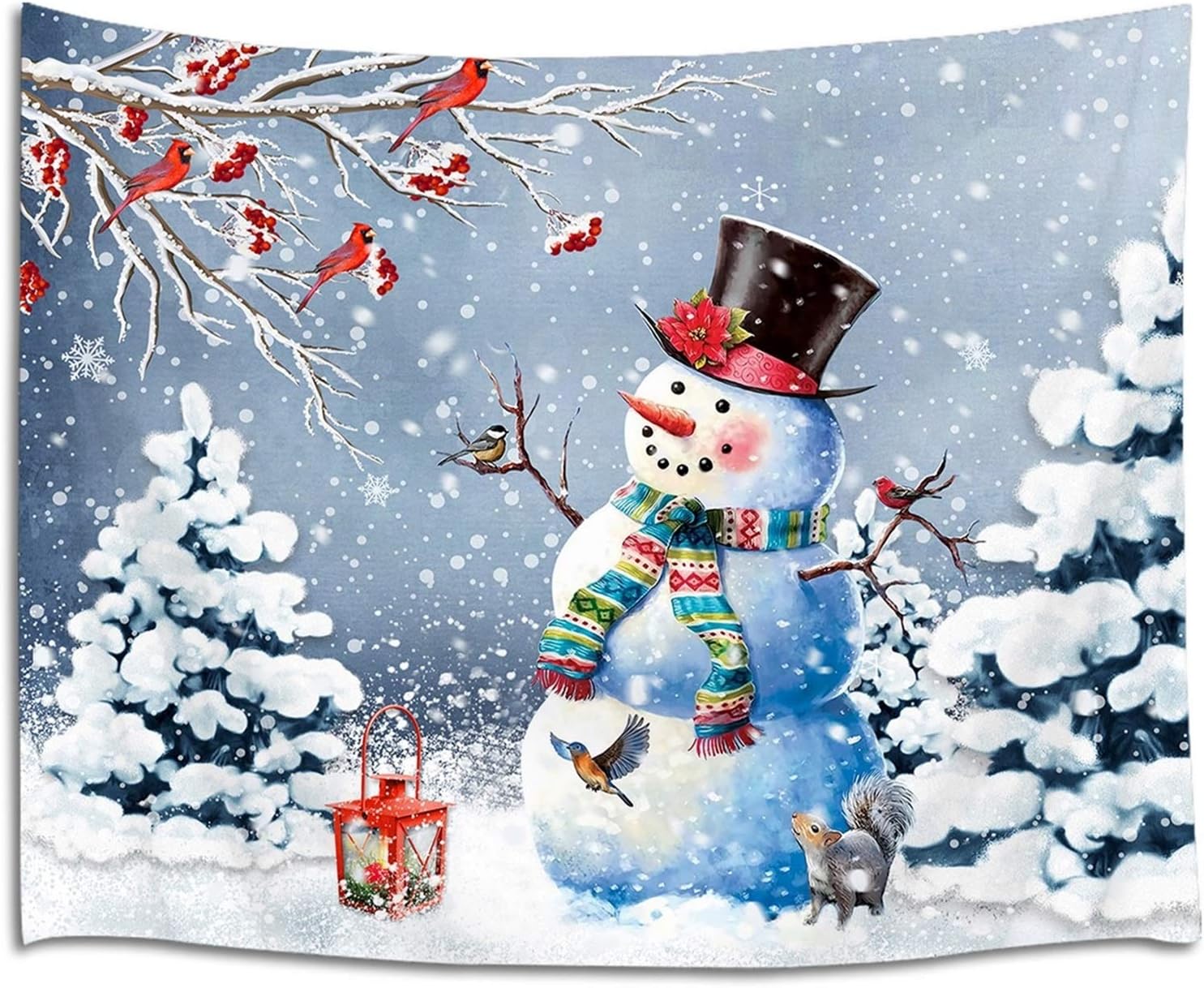 Tapestries - LB Christmas Snowman Tapestry Xmas Tree Winter Snow Scenery Tapestry Wall Hanging Outdoor Bird Cardinals Squirrel Snowflake Tapestry for Bedroom Living Room Dorm Decorations Wall Art Decor 60x40 inch