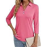MAGCOMSEN Women's 3/4 Long Sleeve Polo Shirts Collared V Neck Golf Shirts UPF 50+ Quick Dry Casual Work Tops