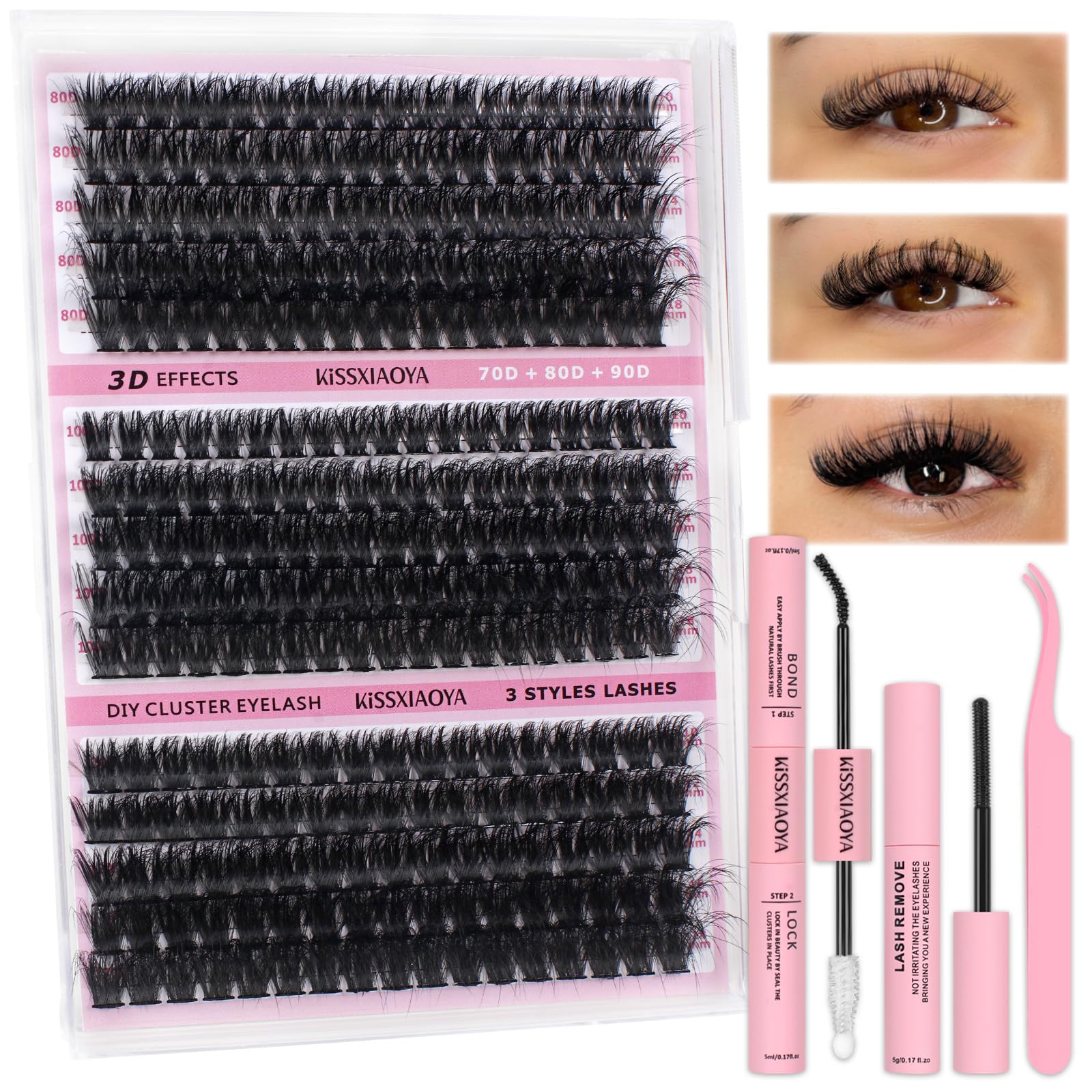 LYMYBETY Individual Eyelashes Kit with Lash Bond & Seal and Applicator and Lash Remover, 280Pcs Mixed 10-18mm D Curl 3D Wispy Natural Russian Cluster Lashes Kit(70+80+90 KIT, 10-18mm) — image 1