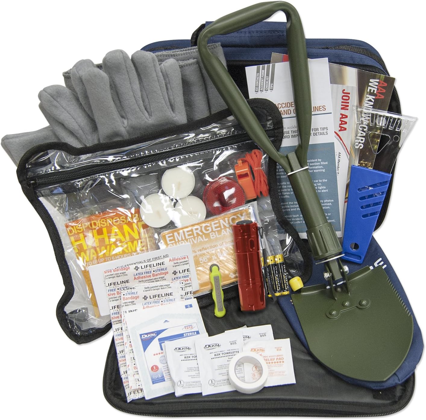 Lifeline AAA Severe Weather Emergency Road Safety Kit - 66 Pieces - Featuring Emergency Folding Shovel, Fleece Set, Fire Starter, Flashlight and More: Automotive