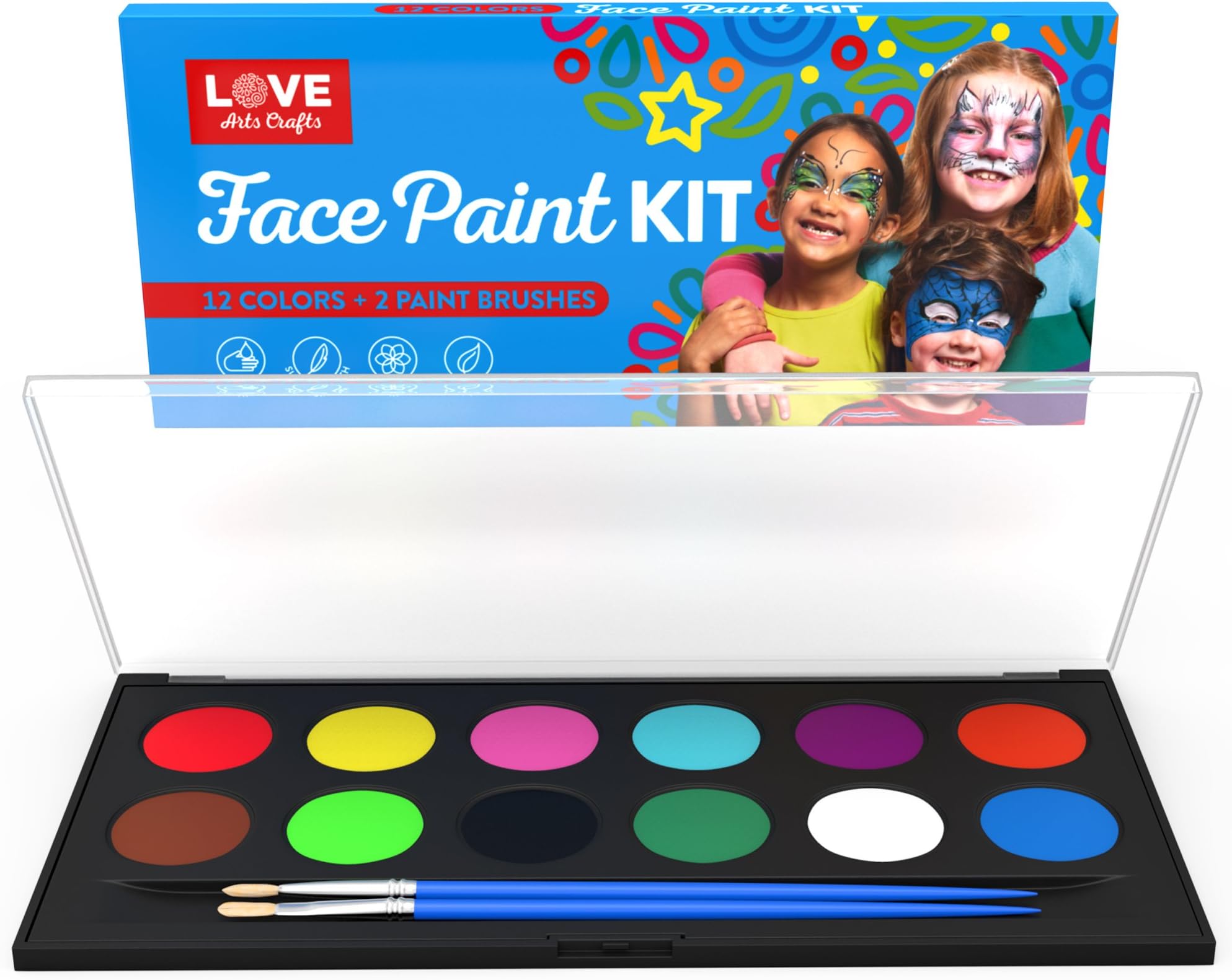 Face Painting Kit- Safe Non Toxic 12 Vibrant Color Palette Professional Quality Face & Body Paint Kits with 2 Brushes and Bonus E-Book. Ideal Birthday Present.!