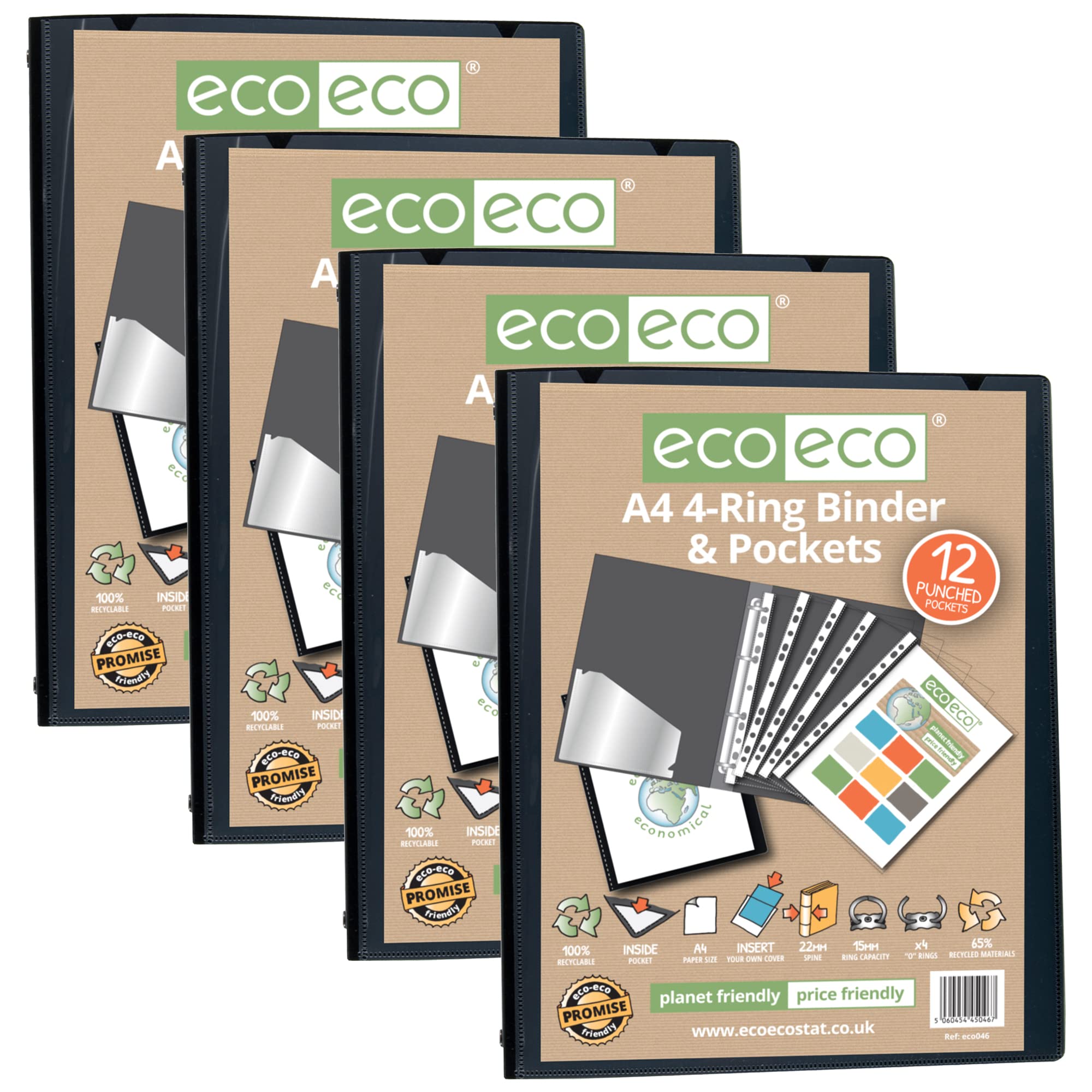 eco-eco A4 65% Recycled Presentation 4 O Ring Binder with 12 Multi Punched Pockets, 22mm Spine, Pack of 4 Black, eco046x4