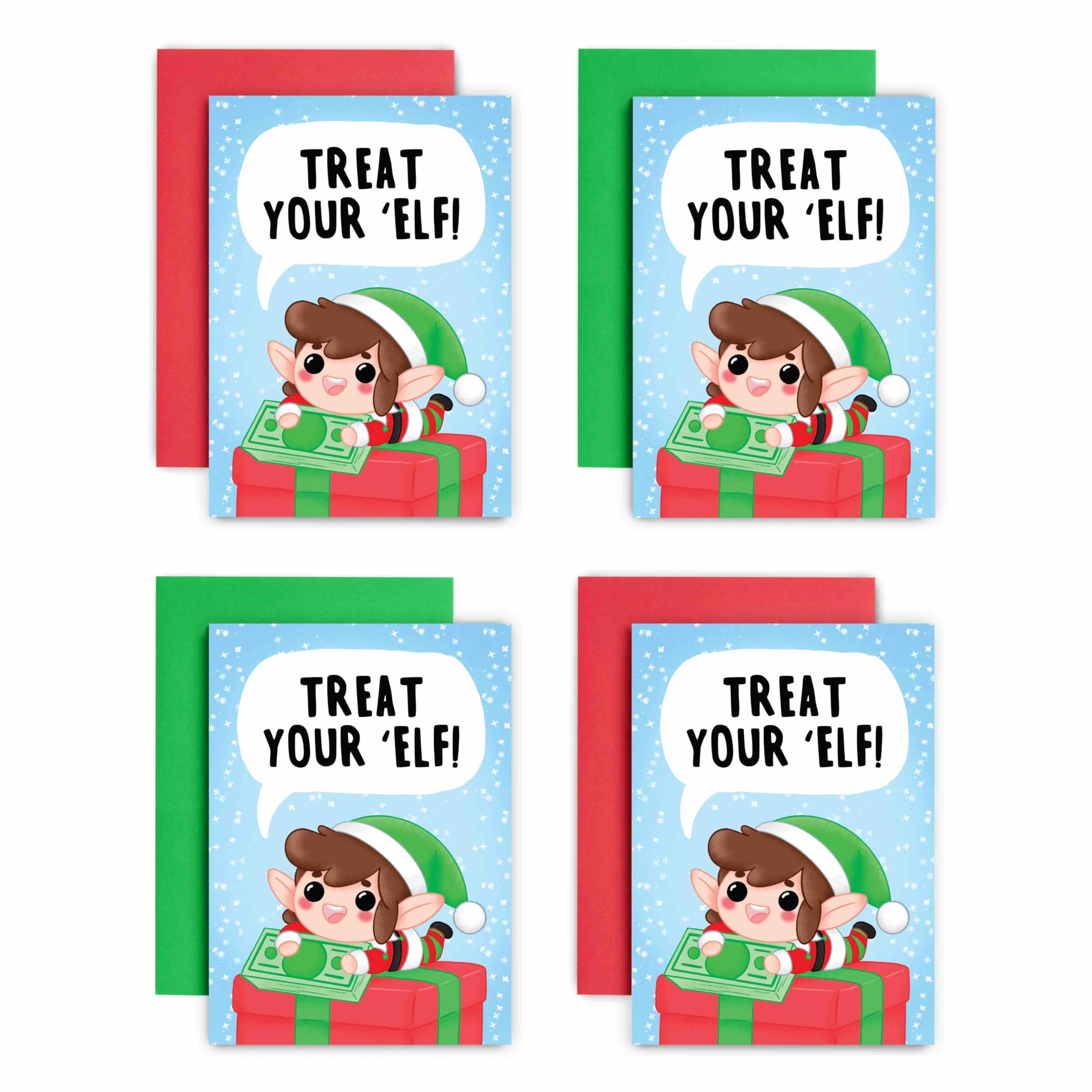 Huxters Money Christmas Cards Wallets Pack of 4 Pack Contains Treat Your Elf Design - Universal Wallet for Cash Voucher and Voucher on Display Card A6 Size