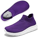 STQ Wide Toe Box Orthopedic Walking Shoes Women Minimalist Sock Diabetic Shoes Breathable Arch Support Slip On Work Sneakers Purple Size 6