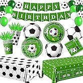 185Pcs Soccer Birthday Party Decorations Tableware with Plates, Napkins, Cups, Tablecloth, Banner, Balloons for Soccer Theme Party Supplies Serve 24
