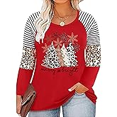 Plus Size Merry and Bright Christmas Shirt for Women Xmas Leopard Tree T-Shirt Merry Christmas Shirts Tops