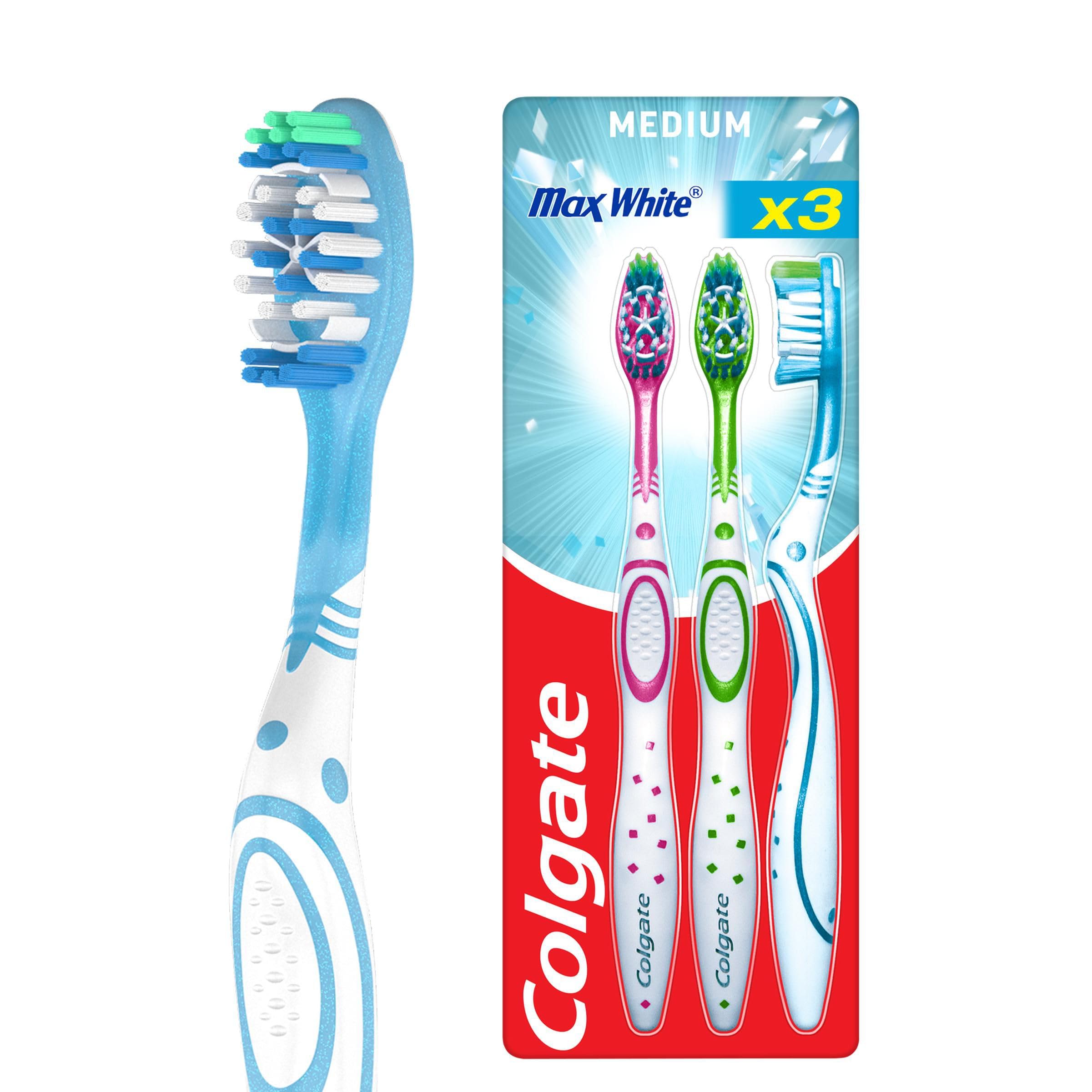 Colgate Max White Toothbrushes - Teeth Whitening Toothbrush with Polishing Star - Medium Manual Toothbrush - Assorted Designs - Adult Toothbrush Multipack - 3 Pack