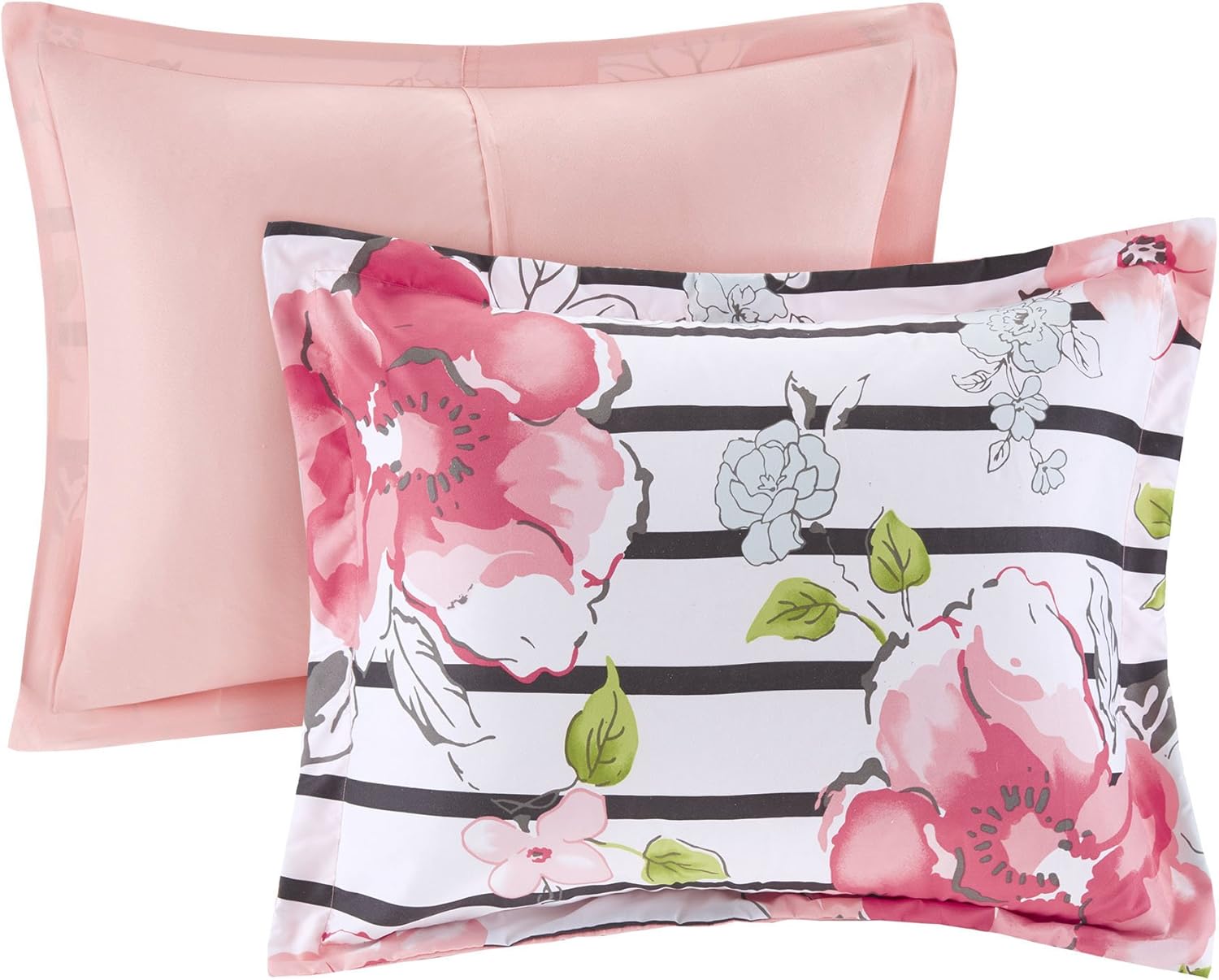 Comfort Spaces Zoe Comforter Set Printed Striped Floral Design with Faux Long Fur Decorative Pillow Bedding, Twin/Twin XL, Pink: Home & Kitchen